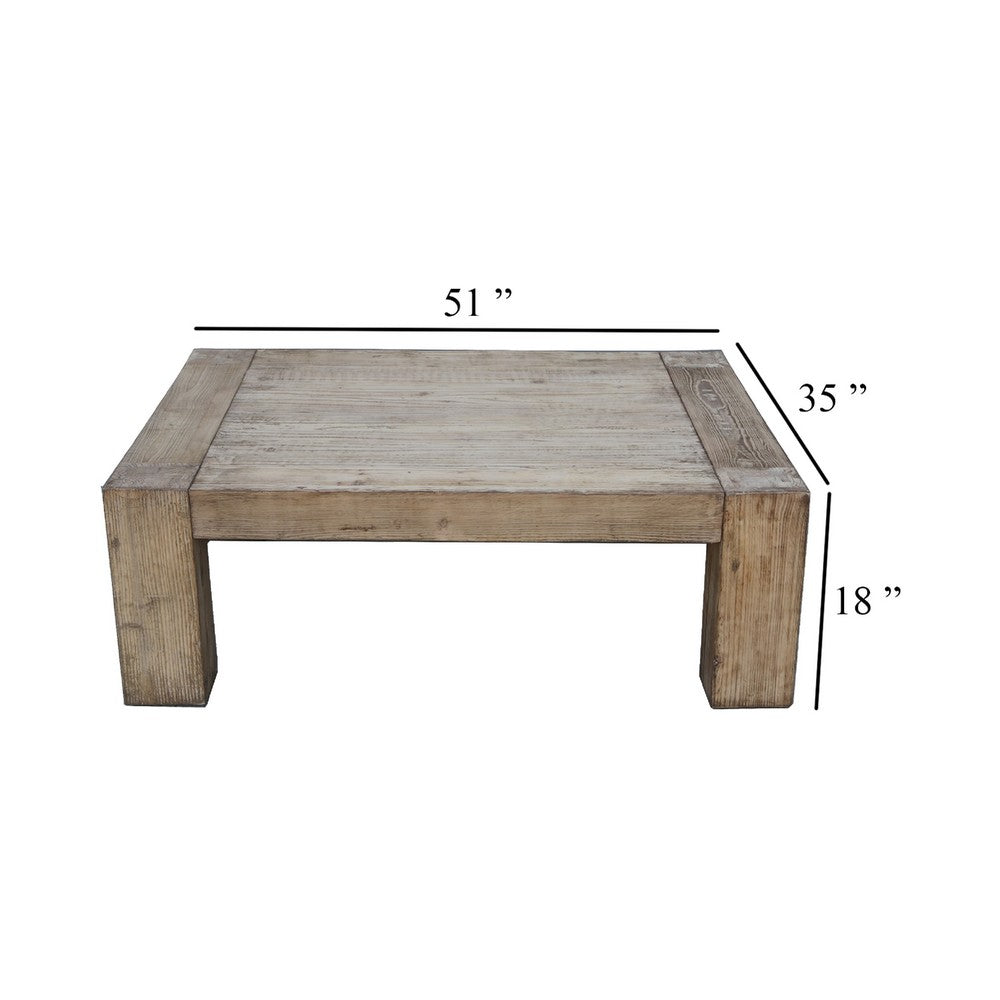 Mao Coffee Table, 51 Inch Rectangular Top with Chunky Legs, Rustic Brown - BM338191