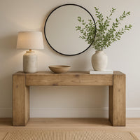 Mao Sofa Console Table, 60 Inch Narrow Top and Panel Legs, Rustic Brown - BM338192