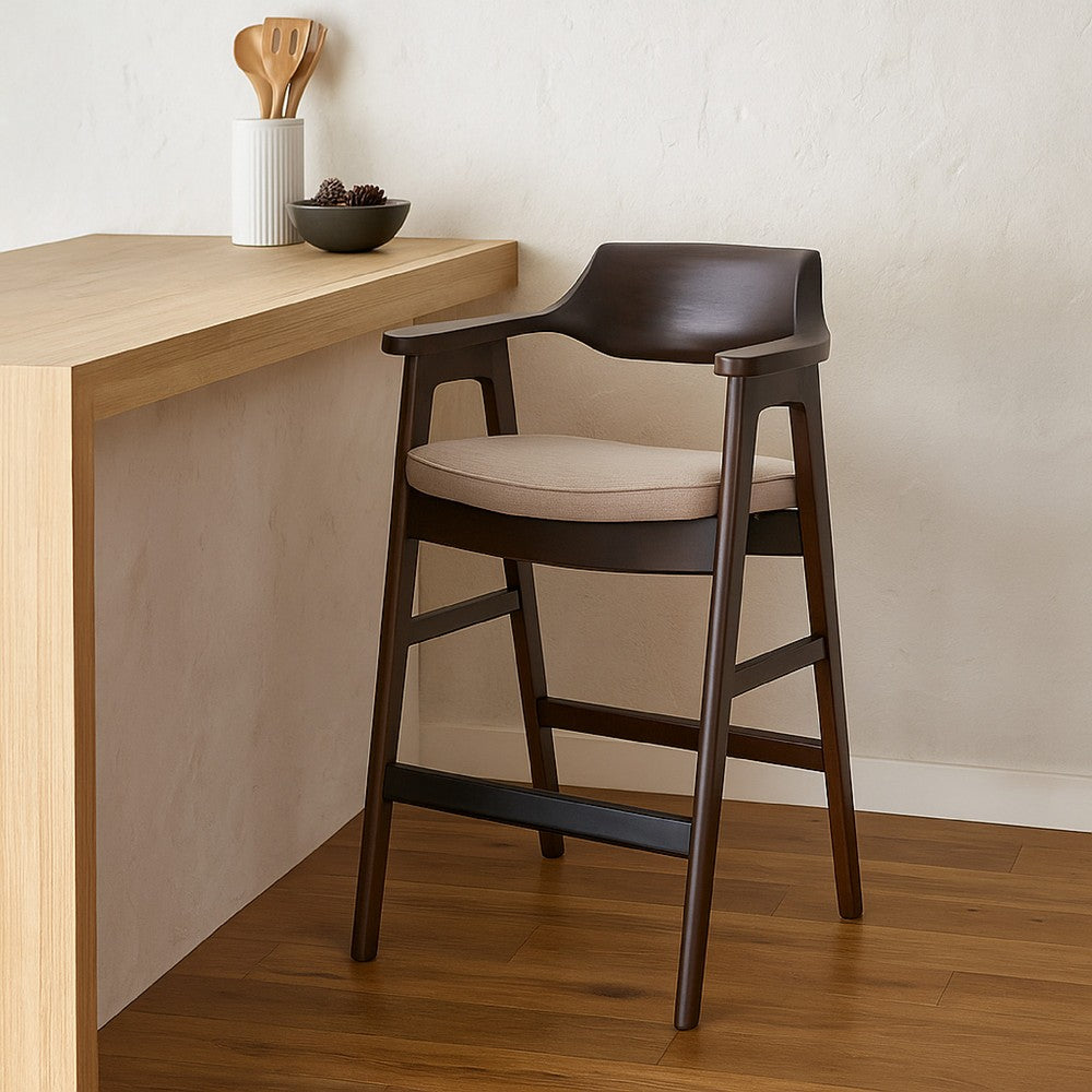 Zsy Barstool Chair w Curved Back, Java Brown Birch Wood, Sand White - BM338202