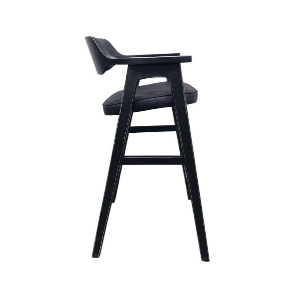 Zsy Barstool Chair, Curved Back, Black Birch Wood and Faux Leather - BM338204