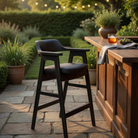 Zsy Barstool Chair, Curved Back, Black Birch Wood and Faux Leather - BM338204