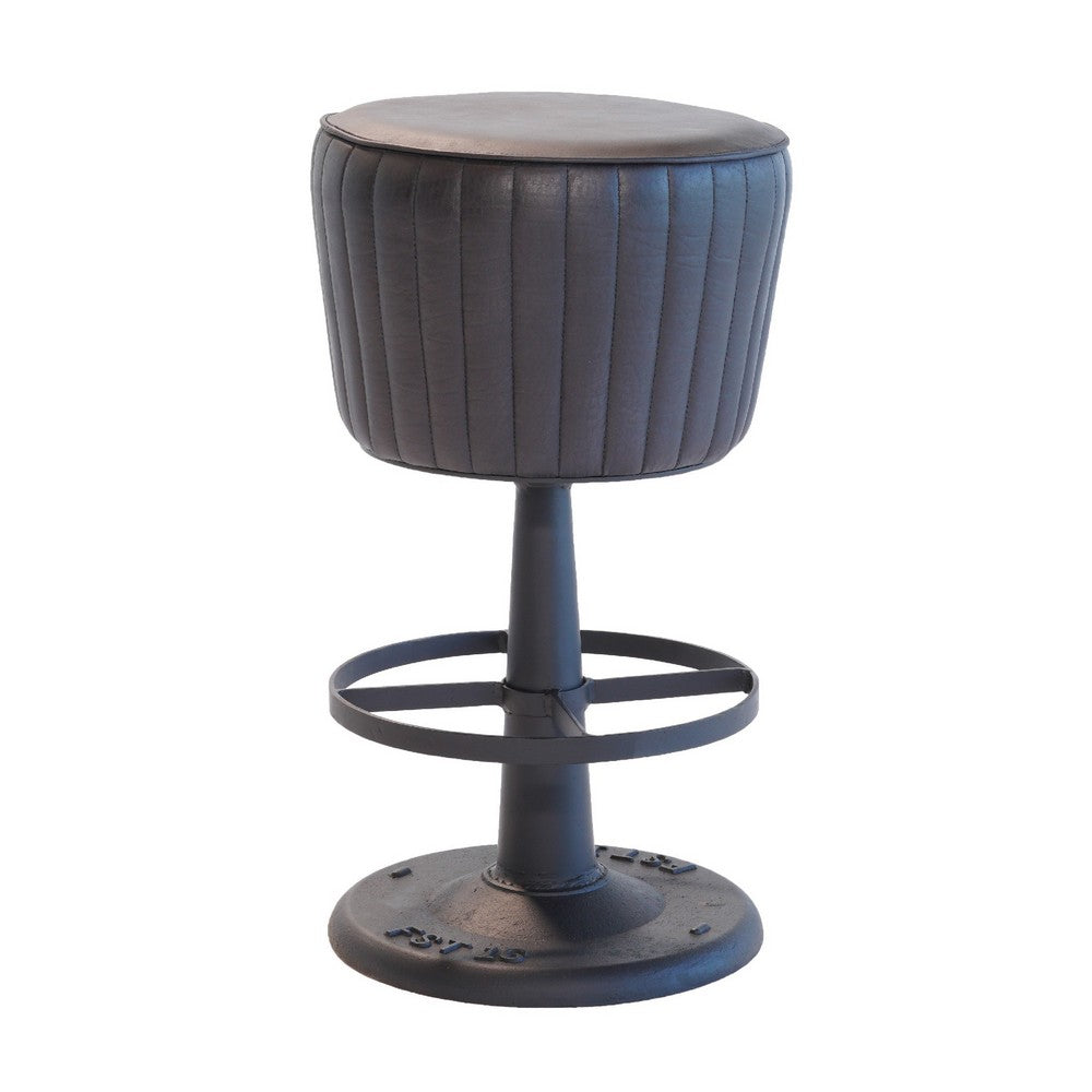 Myra Mushroom Counter Stool, Black Ribbed Leather, Dark Gray Iron Base - BM338210