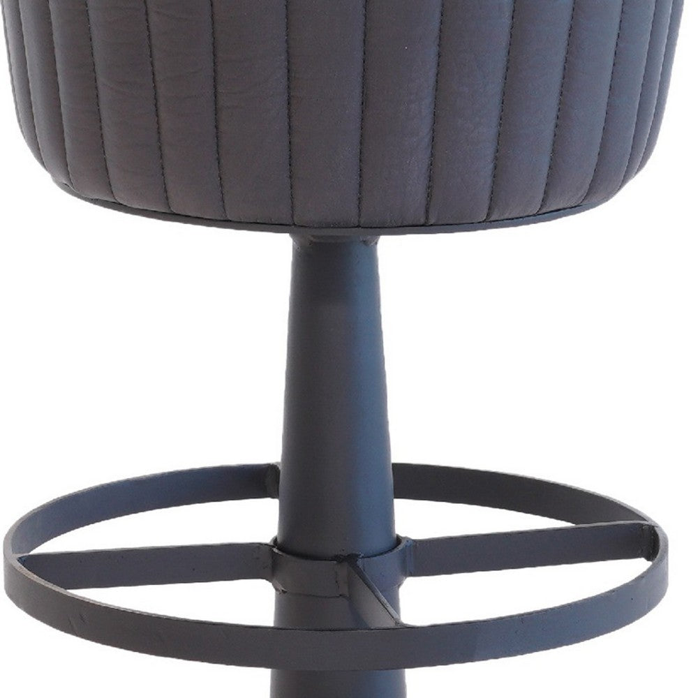 Myra Mushroom Counter Stool, Black Ribbed Leather, Dark Gray Iron Base - BM338210