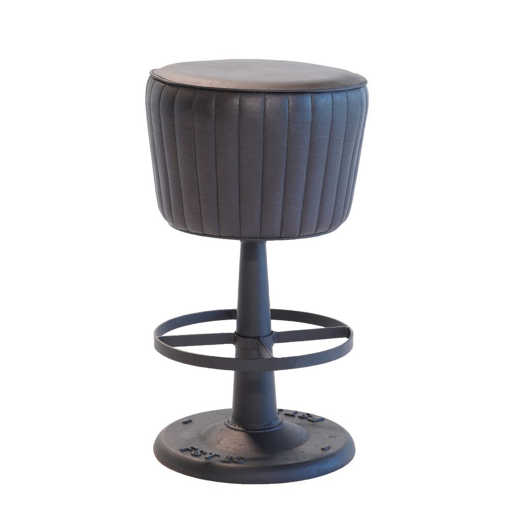 Myra Mushroom Counter Stool, Black Ribbed Leather, Dark Gray Iron Base - BM338210