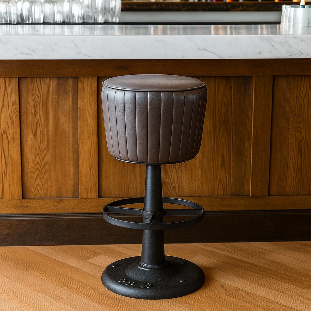 Myra Mushroom Counter Stool, Black Ribbed Leather, Dark Gray Iron Base - BM338210