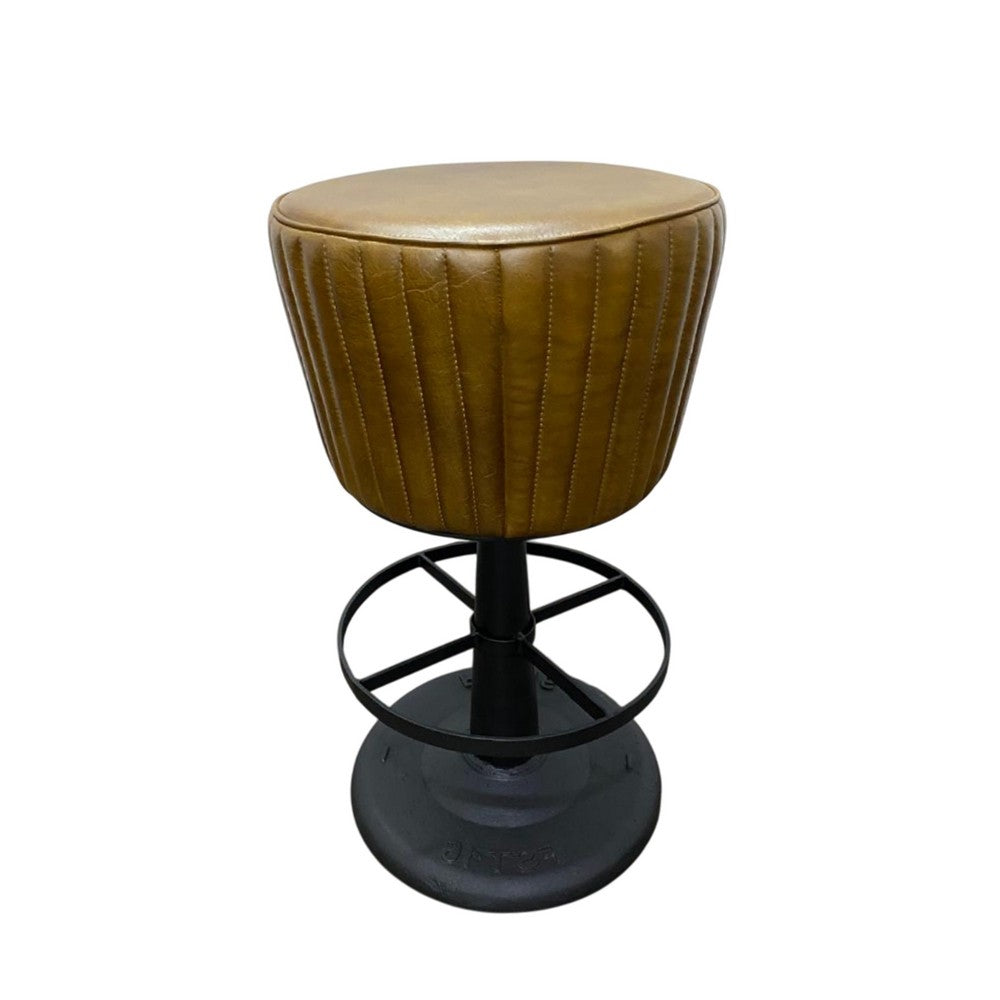 Myra Mushroom Counter Stool, Brown Ribbed Leather, Dark Gray Iron Base - BM338211