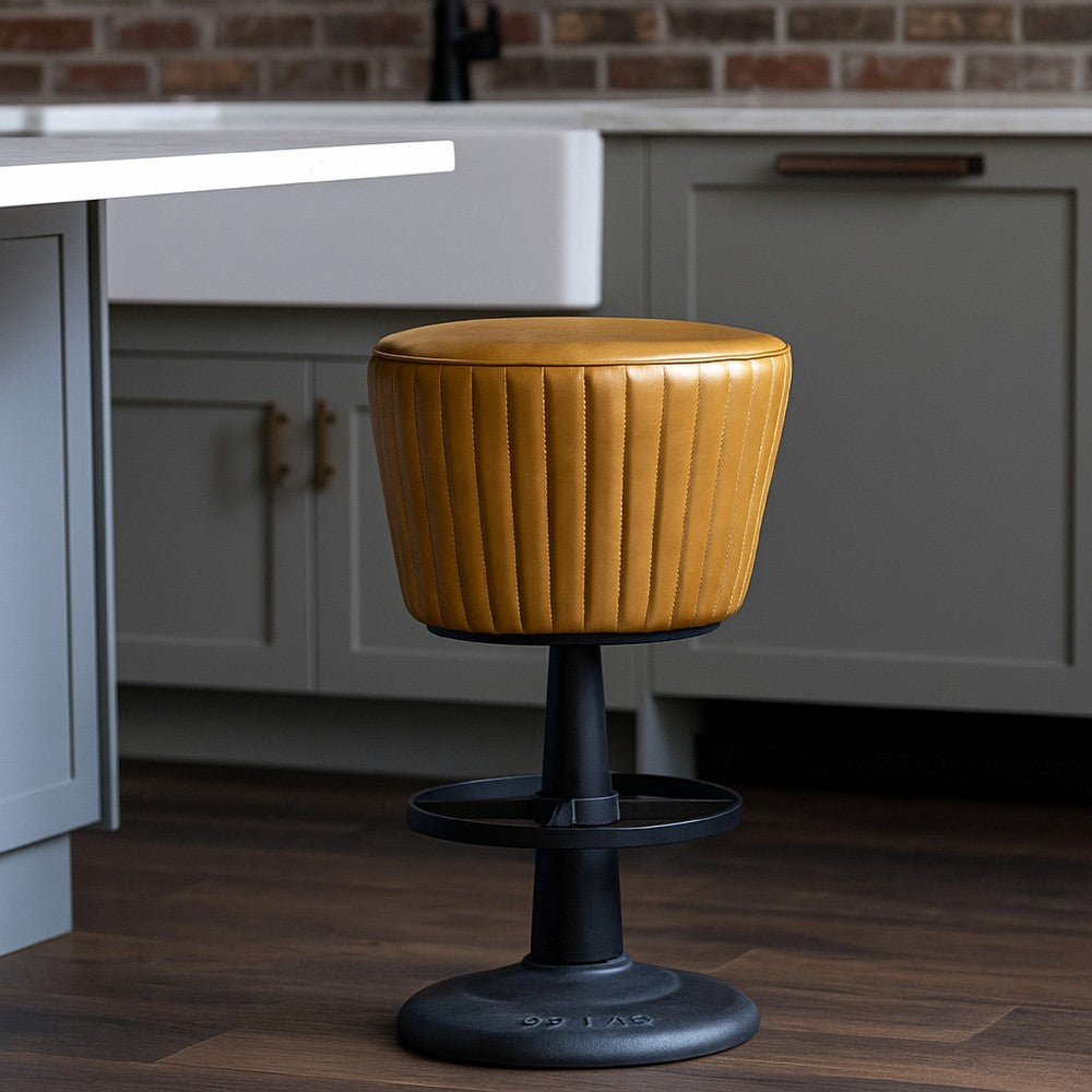 Myra Mushroom Counter Stool, Brown Ribbed Leather, Dark Gray Iron Base - BM338211