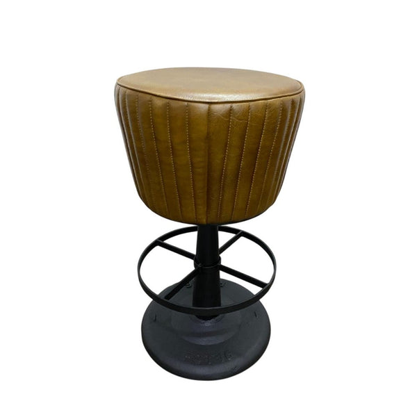 Myra Mushroom Counter Stool, Brown Ribbed Leather, Dark Gray Iron Base - BM338211