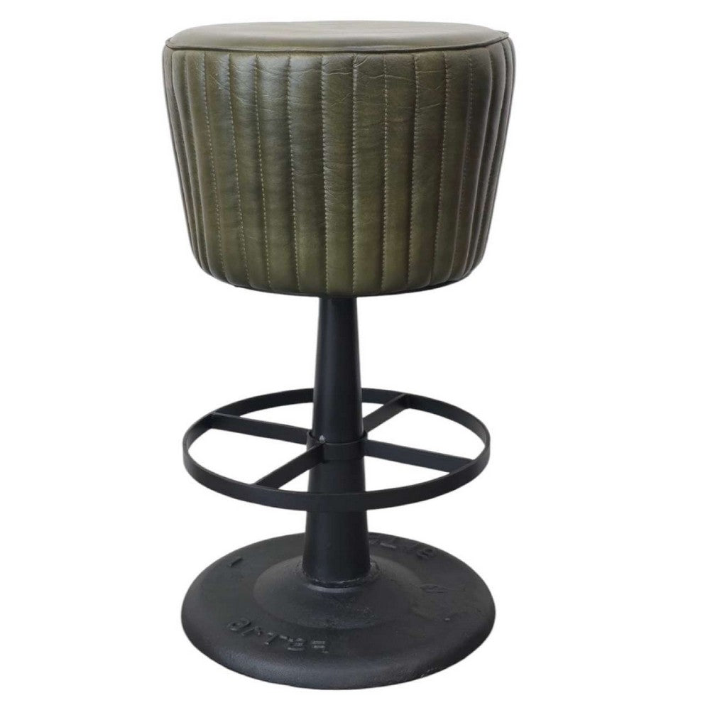Myra Mushroom Counter Stool, Green Ribbed Leather, Dark Gray Iron Base - BM338212