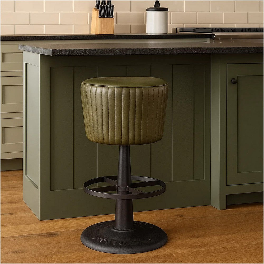 Myra Mushroom Counter Stool, Green Ribbed Leather, Dark Gray Iron Base - BM338212