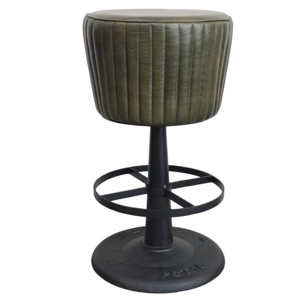 Myra Mushroom Counter Stool, Green Ribbed Leather, Dark Gray Iron Base - BM338212