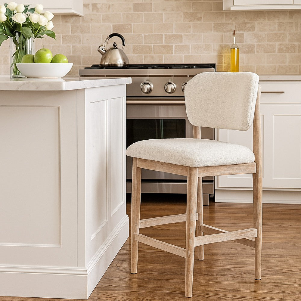 Fela Counter Stool Chair, Ivory White and Back, Natural Brown Wood - BM338214