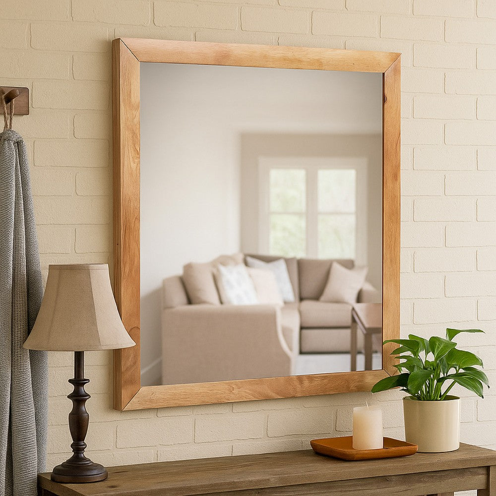 Noe Malia Mirror, 40 Inch Rectangular Rubberwood Frame, Natural Brown - BM338245