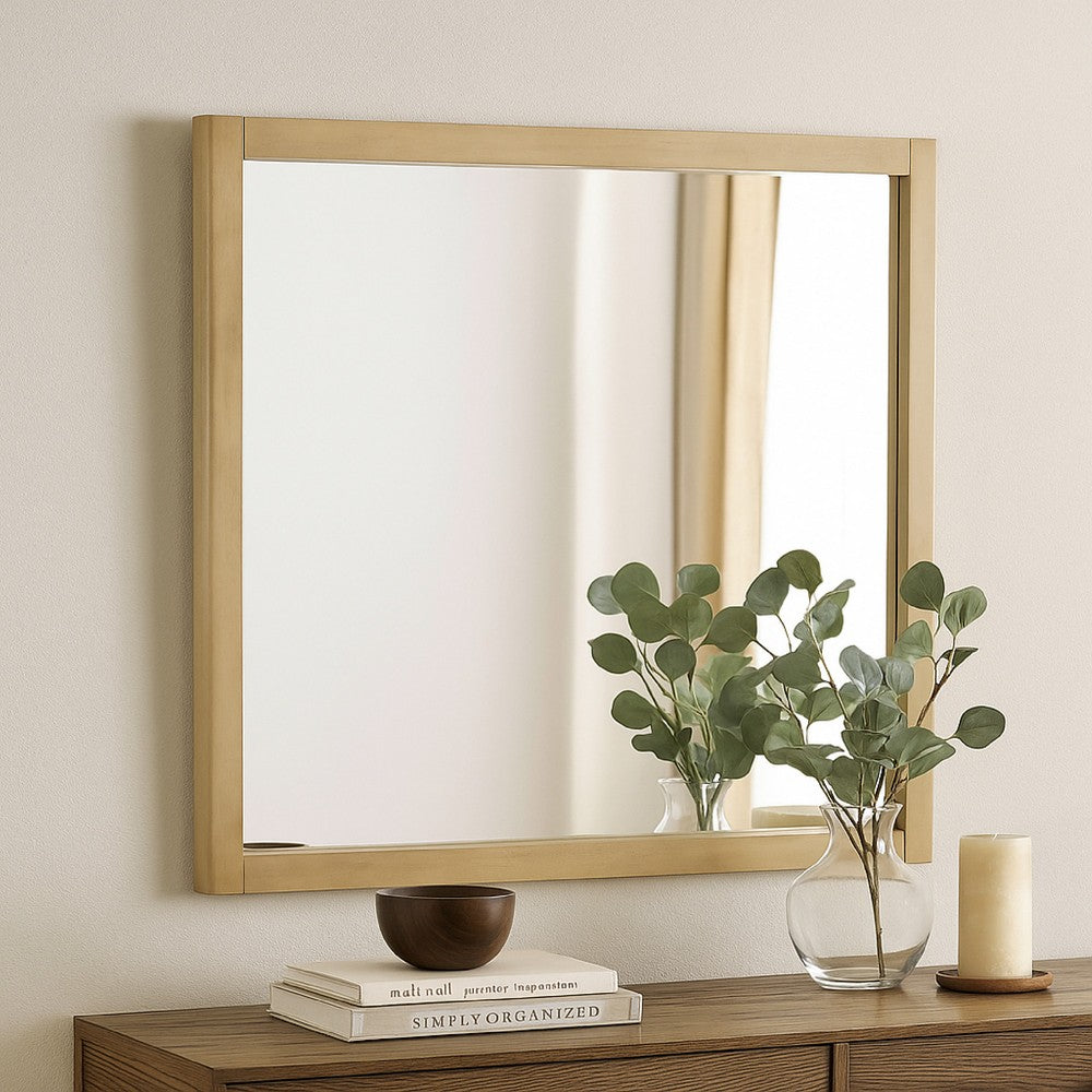 Noe Celia Accent Mirror, 40 Inch Square Oak Wood Frame, Brown Finish - BM338246