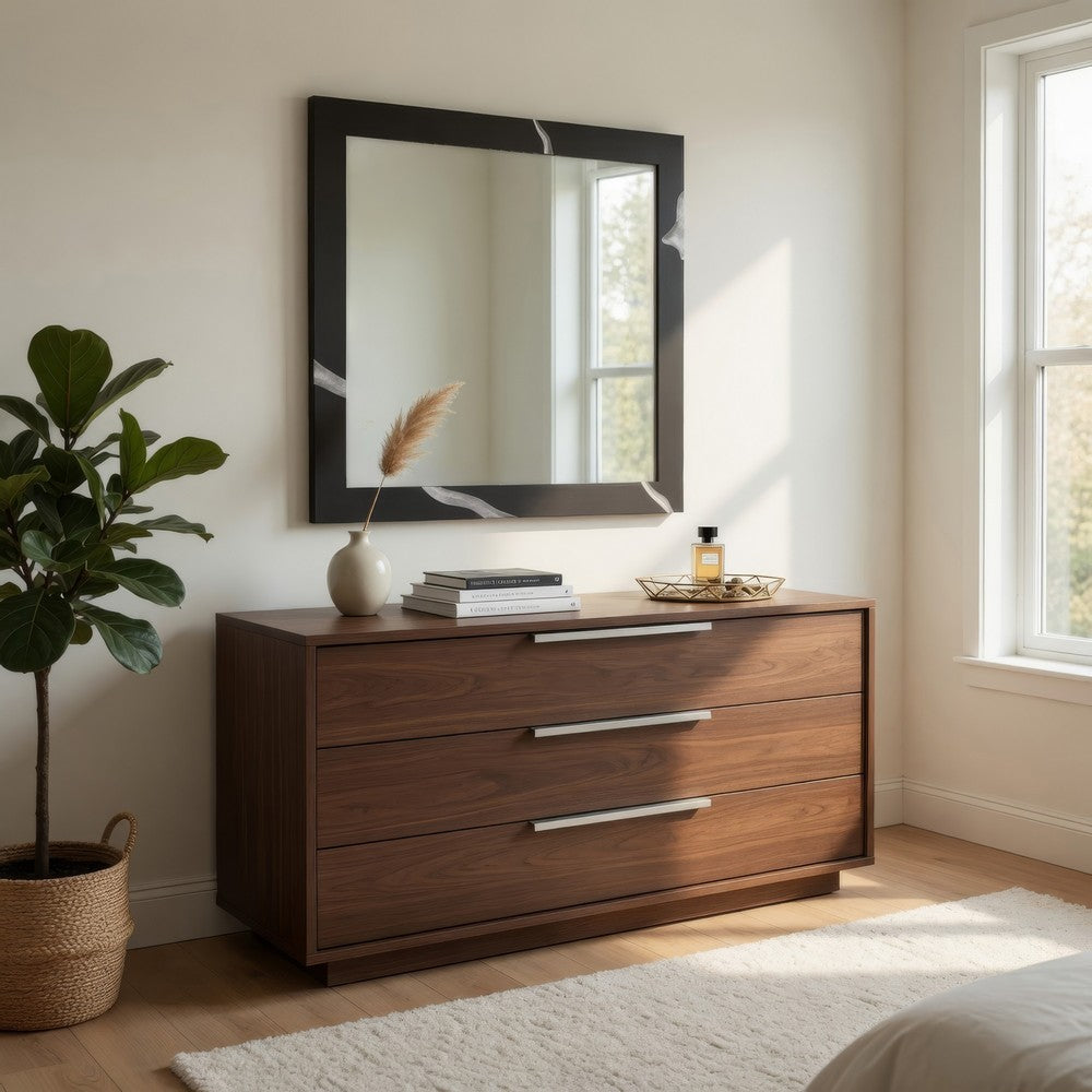 Cid Exie Mirror, 39 Inch Matte Brown Veneer Frame, Silver Accents - BM338249