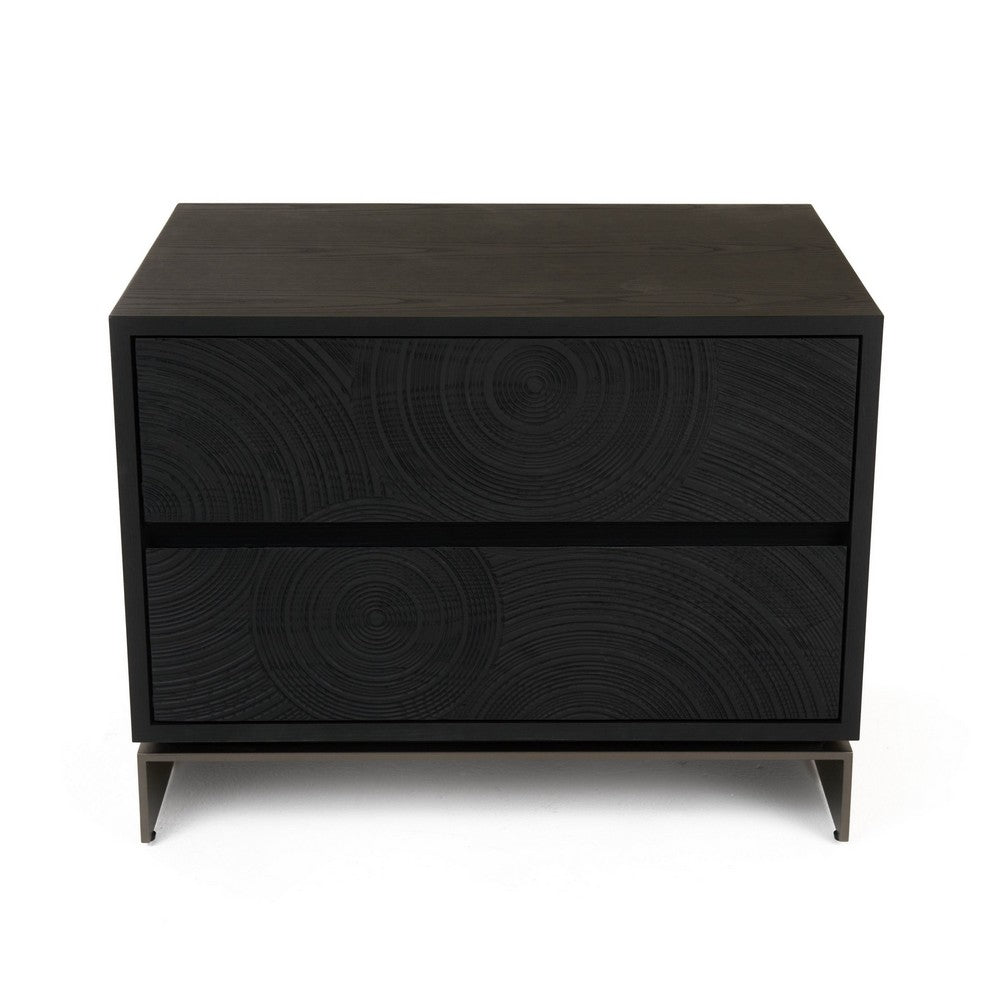 Niye Nightstand, 2 Drawers, Black Ash Wood and Gray Metal Base, 28 Inch - BM338294