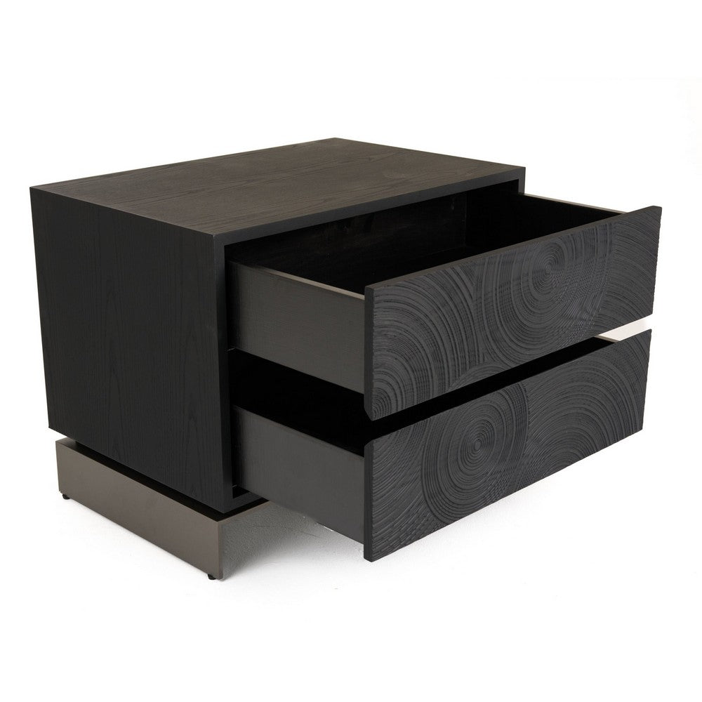 Niye Nightstand, 2 Drawers, Black Ash Wood and Gray Metal Base, 28 Inch - BM338294