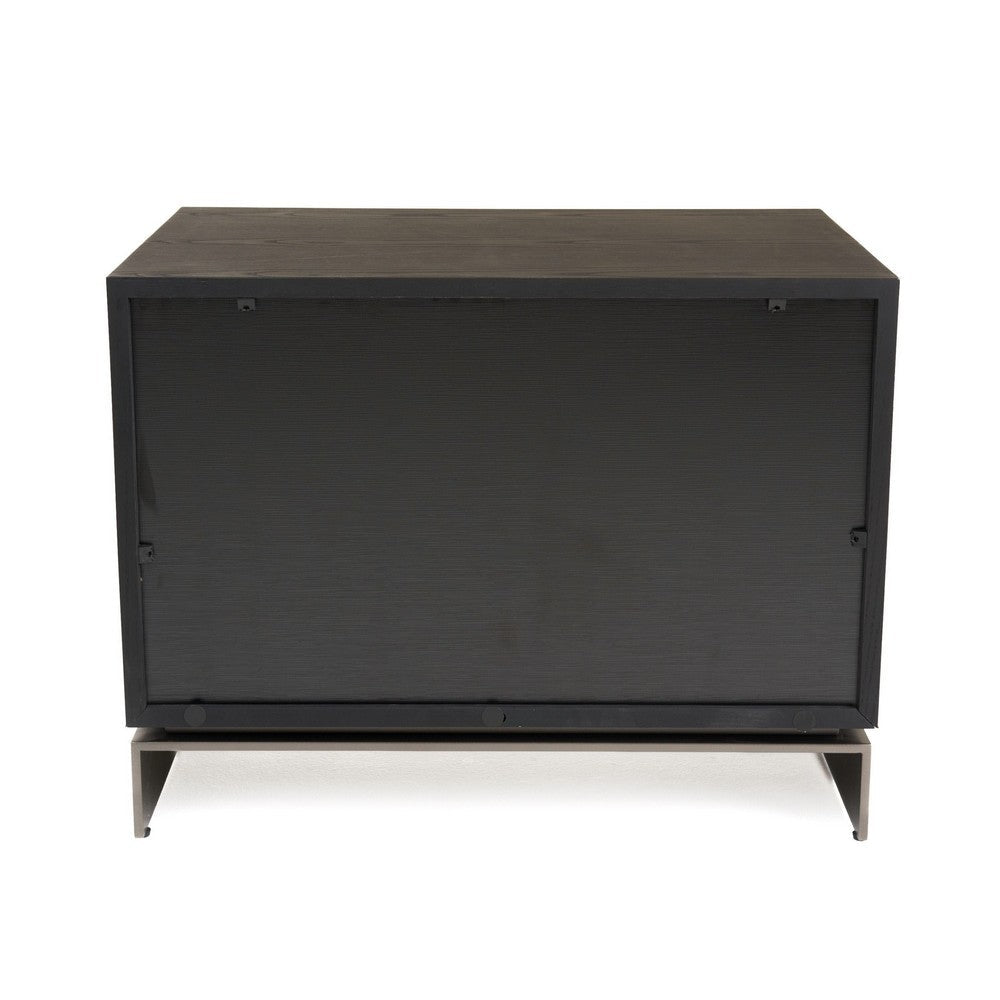 Niye Nightstand, 2 Drawers, Black Ash Wood and Gray Metal Base, 28 Inch - BM338294