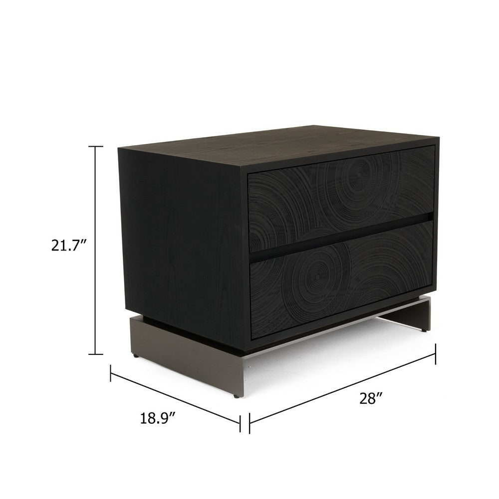 Niye Nightstand, 2 Drawers, Black Ash Wood and Gray Metal Base, 28 Inch - BM338294