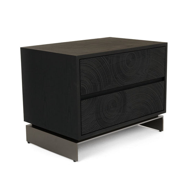 Niye Nightstand, 2 Drawers, Black Ash Wood and Gray Metal Base, 28 Inch - BM338294