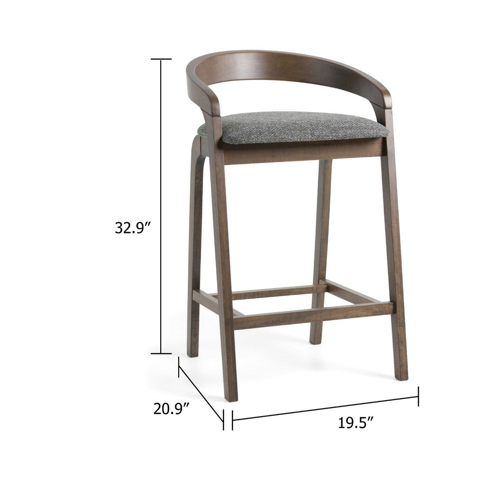 Cid Lenn Counter Stool Chair Set of 2, Gray Fabric, Curved Brown Rubberwood - BM338307