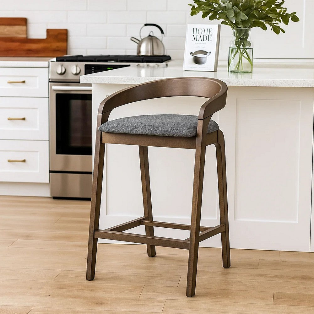 Cid Lenn Counter Stool Chair Set of 2, Gray Fabric, Curved Brown Rubberwood - BM338307