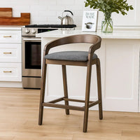 Cid Lenn Counter Stool Chair Set of 2, Gray Fabric, Curved Brown Rubberwood - BM338307