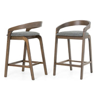 Cid Lenn Counter Stool Chair Set of 2, Gray Fabric, Curved Brown Rubberwood - BM338307