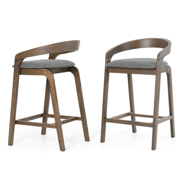 Cid Lenn Counter Stool Chair Set of 2, Gray Fabric, Curved Brown Rubberwood - BM338307