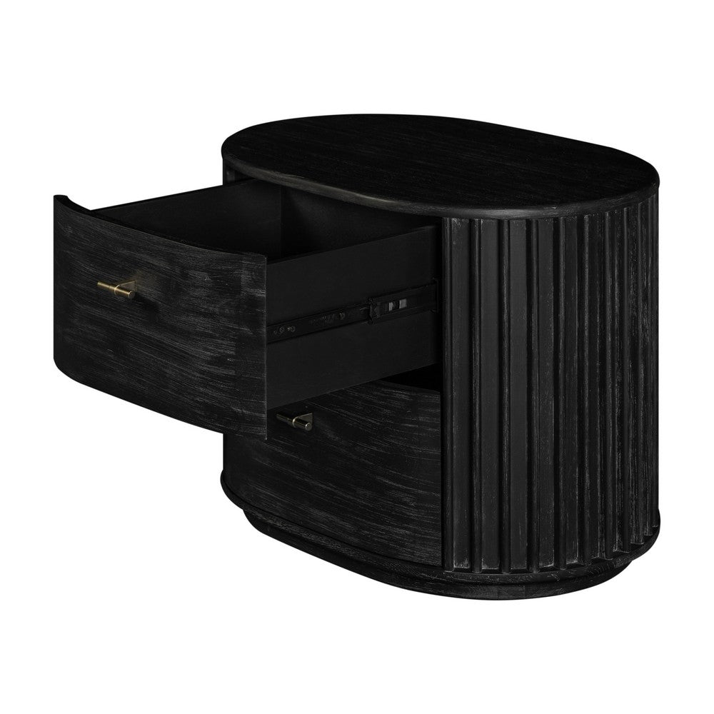 Fely Nightstand, 2 Drawers, Gold Metal Handles, Black Acacia Veneer - BM338356