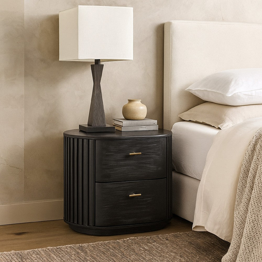 Fely Nightstand, 2 Drawers, Gold Metal Handles, Black Acacia Veneer - BM338356