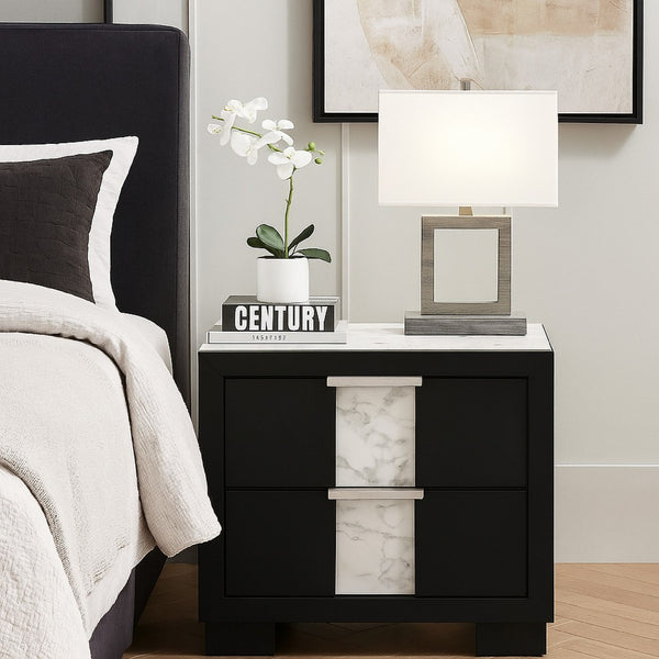 Amey 2 Drawer Nightstand, White Marble Trim, Black Wood - BM338383