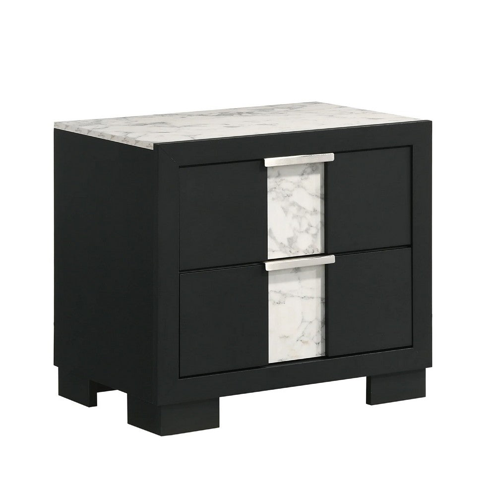 Amey 2 Drawer Nightstand, White Marble Trim, Black Wood - BM338383