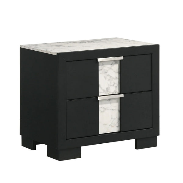 Amey 2 Drawer Nightstand, White Marble Trim, Black Wood - BM338383