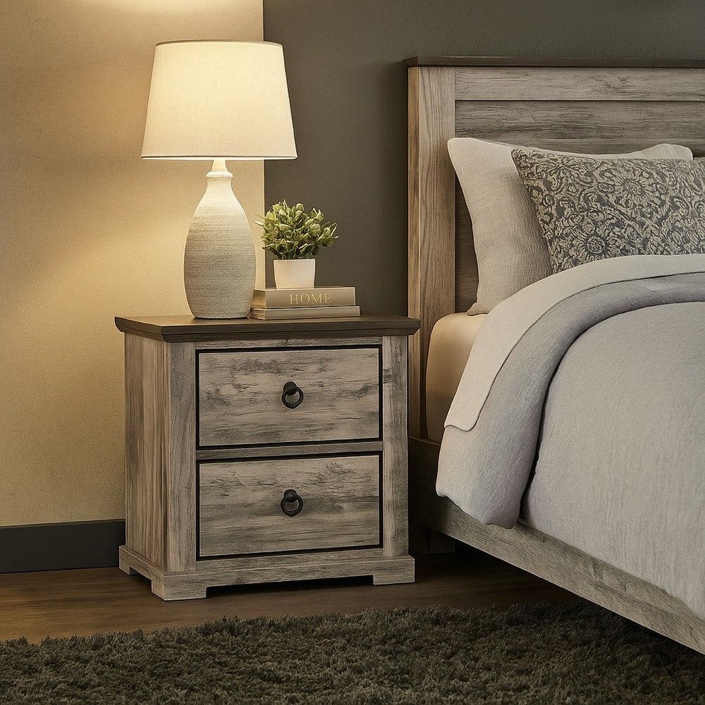 Elaya Nightstand with 2 Drawers, Black Metal, Weathered Gray Wood - BM338388