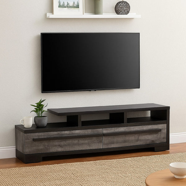 Ruthe TV Stand Media Console with 2 Drawers, Shelves, Black Gray Wood -BM338407
