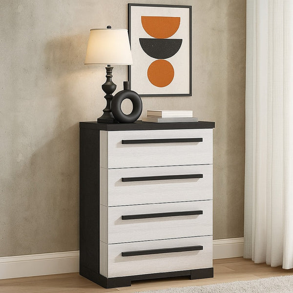 Ruthe Tall Dresser Chest with 4 Drawers, Ebony Black, White Wood - BM338412
