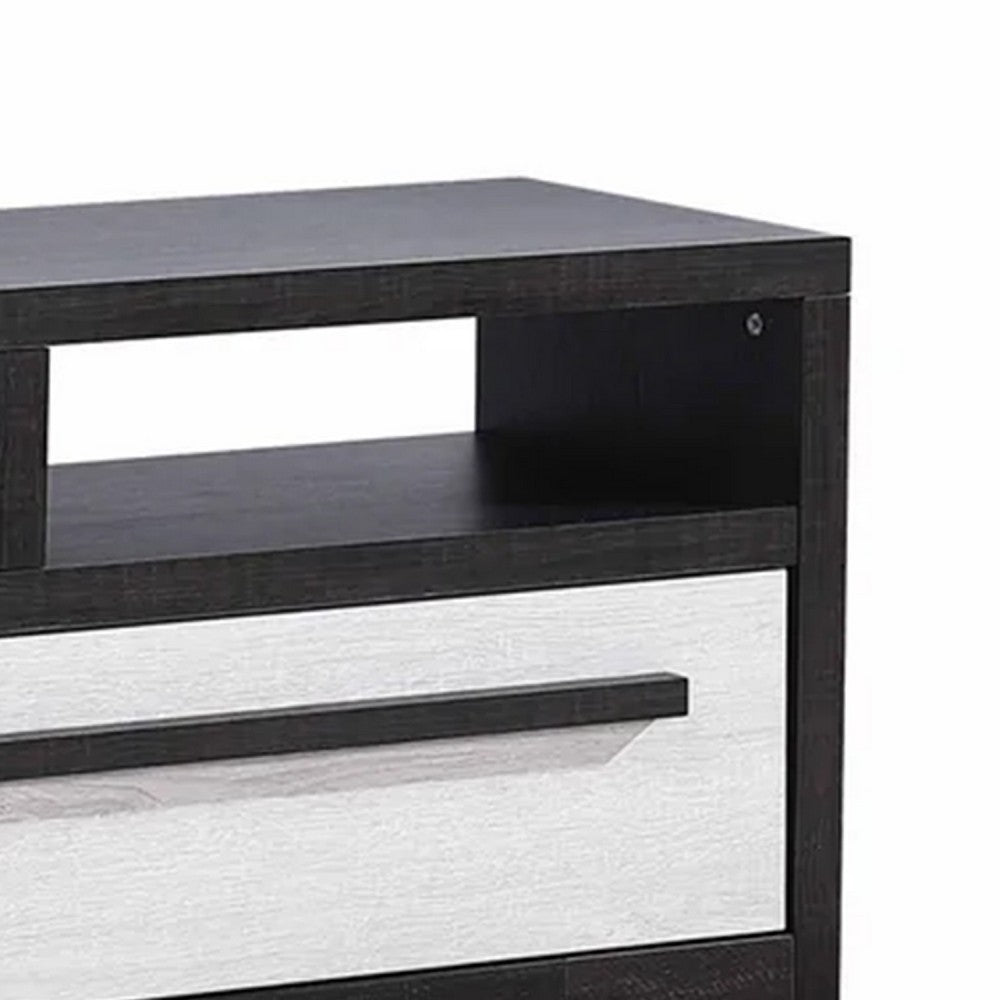 Ruthe TV Stand Media Cabinet with 2 Drawers, Shelves, Black and White Wood -BM338413