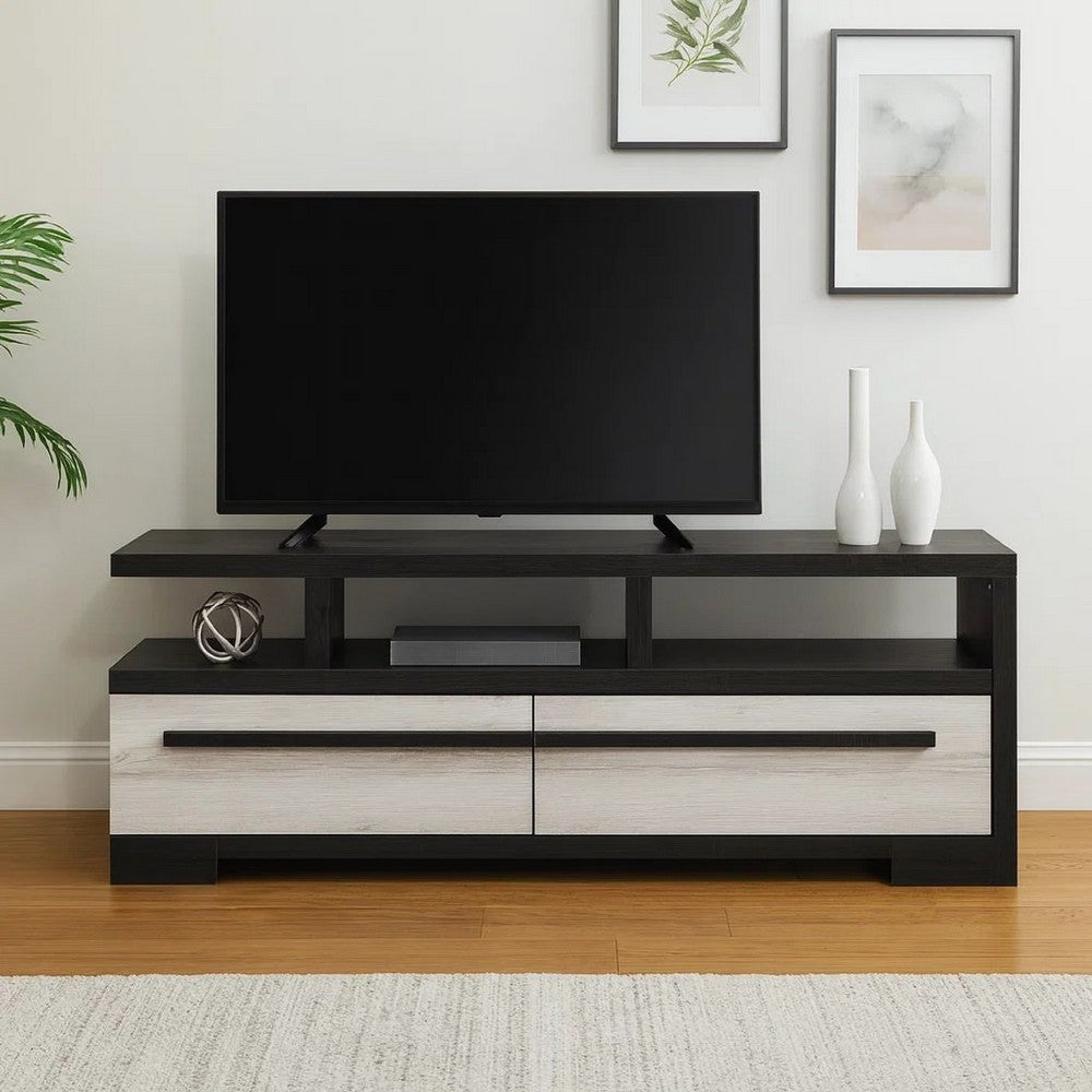 Ruthe TV Stand Media Cabinet with 2 Drawers, Shelves, Black and White Wood -BM338413