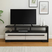 Ruthe TV Stand Media Cabinet with 2 Drawers, Shelves, Black and White Wood -BM338413