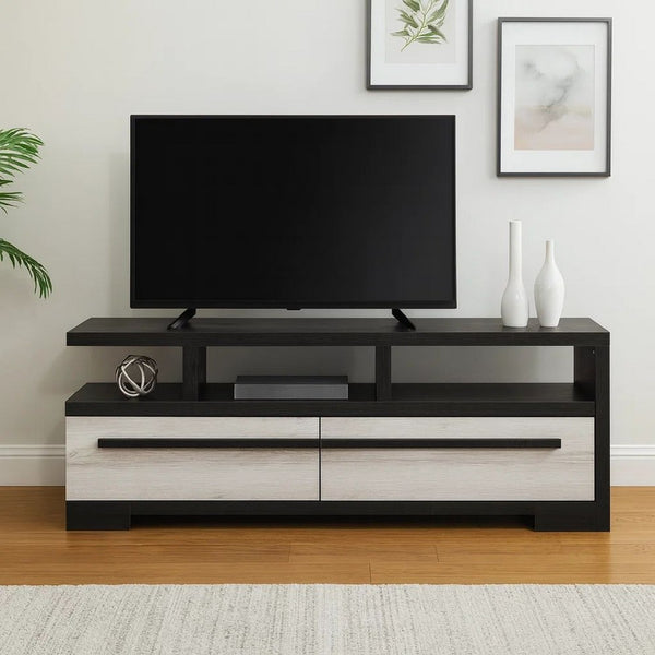 Ruthe TV Stand Media Cabinet with 2 Drawers, Shelves, Black and White Wood -BM338413