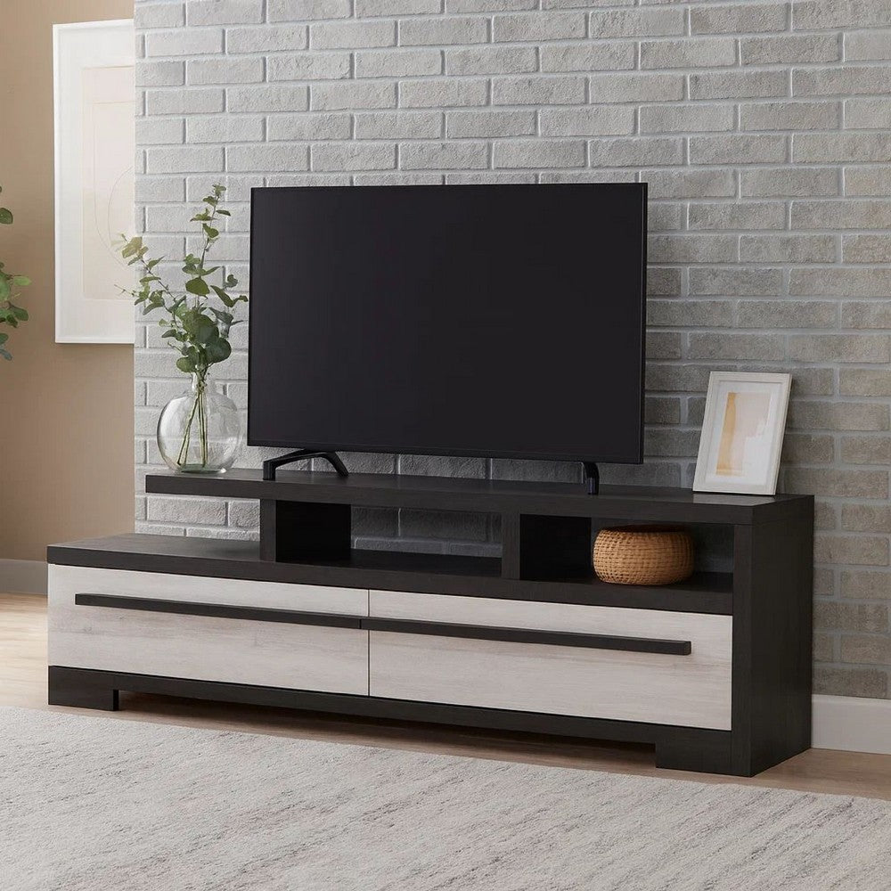 Ruthe TV Stand Media Cabinet with 2 Drawers, Shelves, Black and White Wood -BM338413