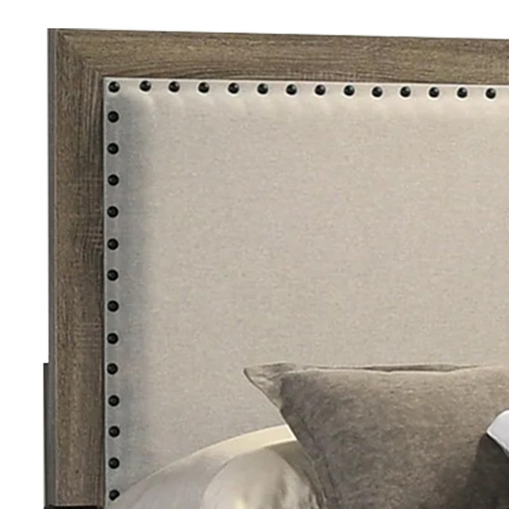 Shannon Full Panel Bed with Nailhead Trim, Ivory Fabric, Gray Wood - BM338419