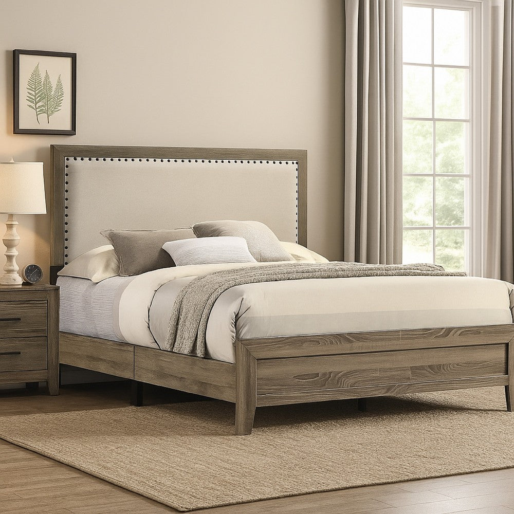 Shannon Full Panel Bed with Nailhead Trim, Ivory Fabric, Gray Wood - BM338419