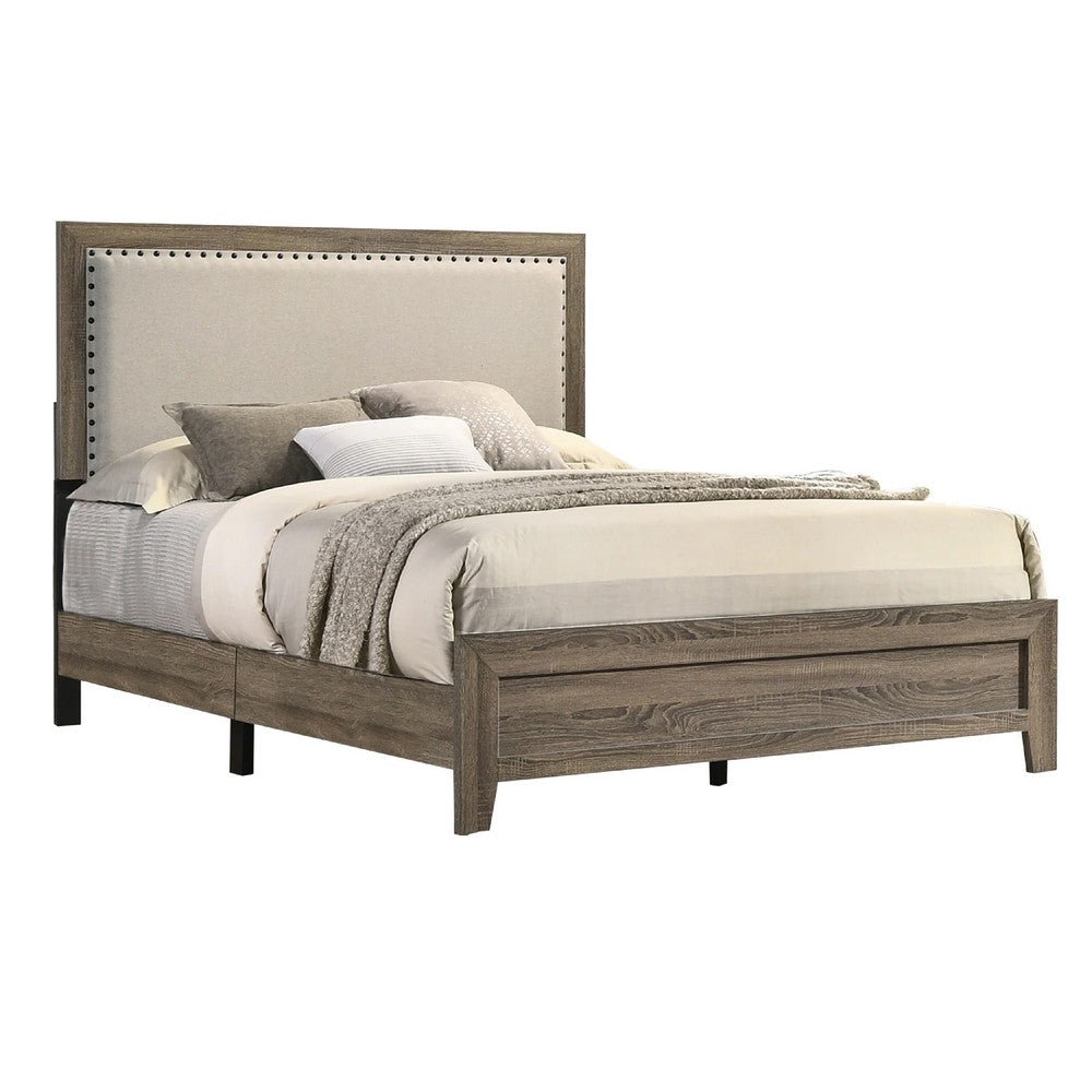 Shannon Full Panel Bed with Nailhead Trim, Ivory Fabric, Gray Wood - BM338419