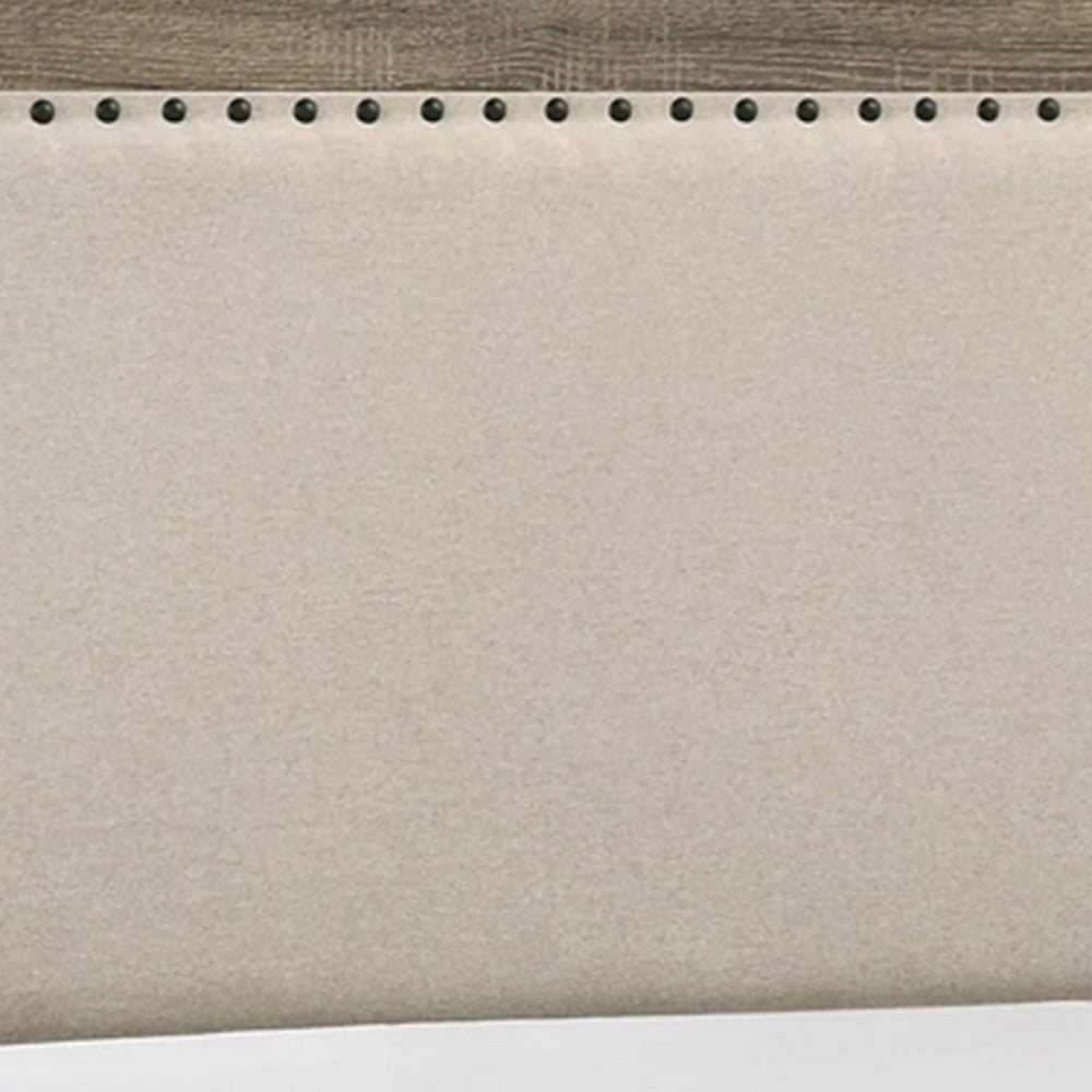 Shannon King Panel Bed with Nailhead Trim, Ivory Fabric, Gray Wood - BM338420