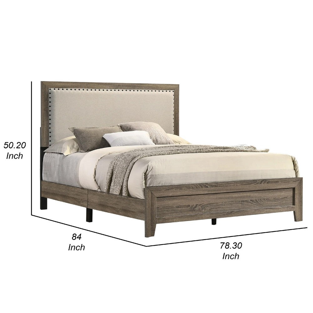 Shannon King Panel Bed with Nailhead Trim, Ivory Fabric, Gray Wood - BM338420