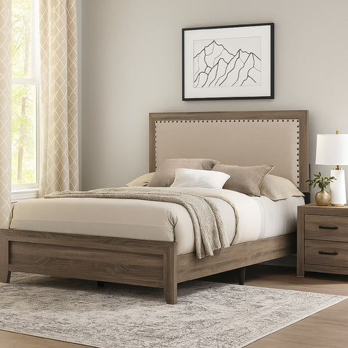 Shannon King Panel Bed with Nailhead Trim, Ivory Fabric, Gray Wood - BM338420