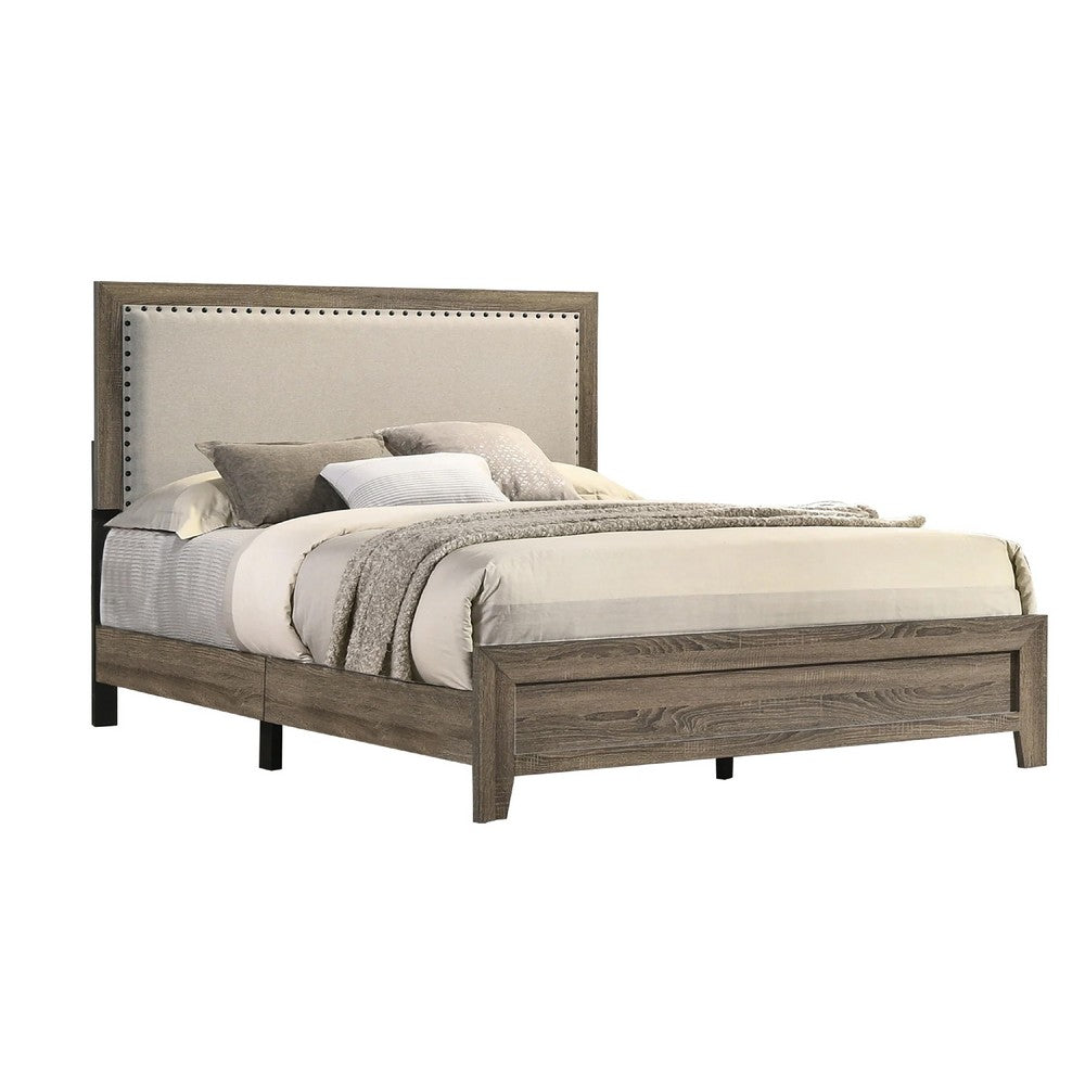 Shannon King Panel Bed with Nailhead Trim, Ivory Fabric, Gray Wood - BM338420