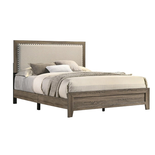 Shannon King Panel Bed with Nailhead Trim, Ivory Fabric, Gray Wood - BM338420